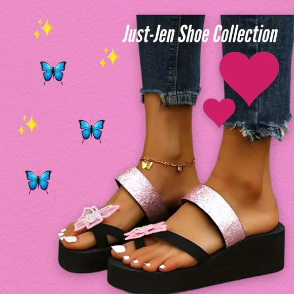 NEW!! Women's Trendy Fashion Pink Butterfly Rhinestone Wedge Sandals!! Gorgeous! - Picture 3 of 12